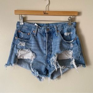 Levi’s Distressed Med Wash Button Fly Denim Shorts
